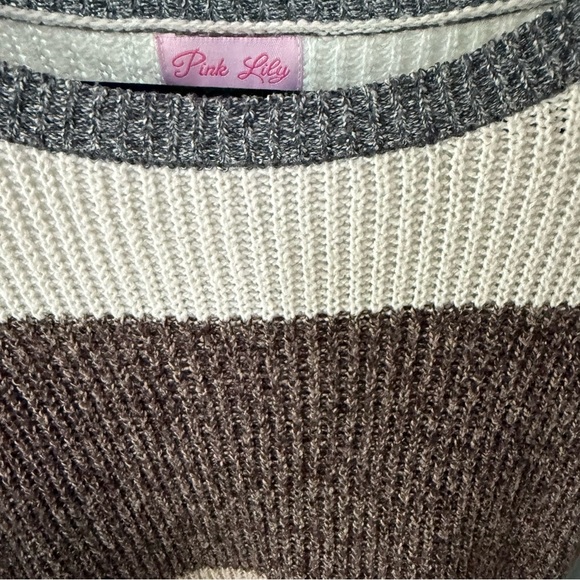 Pink Lily Color Block Striped Knit Sweater - Cream, Brown, and Gray - Picture 5 of 9